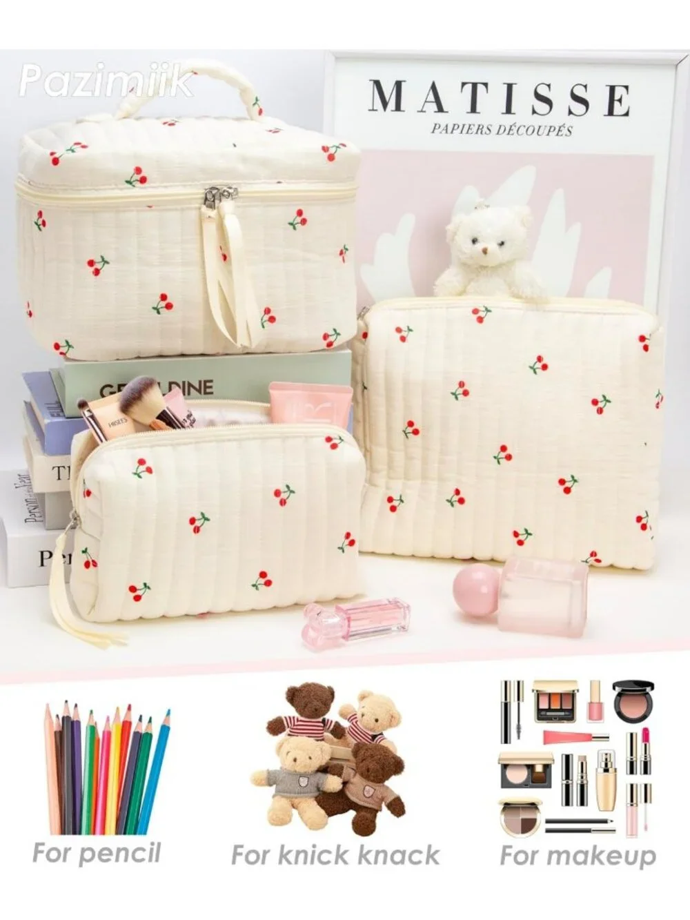 3 Piece Quilted Makeup Bag Set - Cute Zipper Organizer for Cosmetics, Toiletries